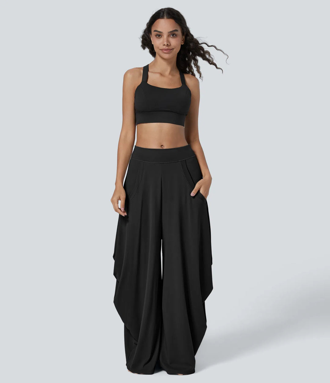 Mid Rise Multiple Pockets Draped Wide Leg Casual Trousers