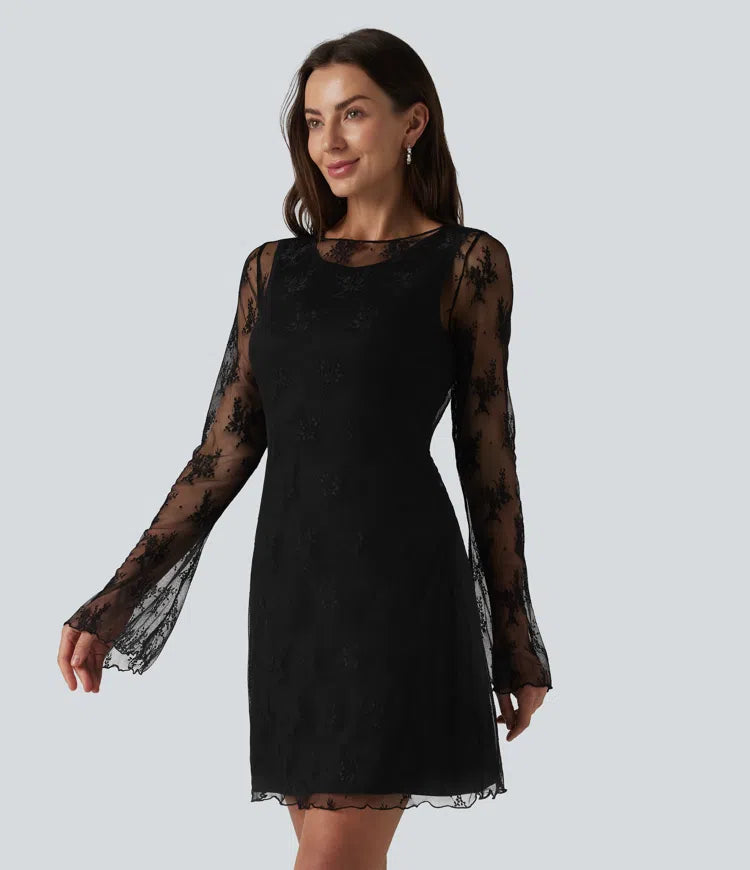 Round Neck Flounce Sleeve 2-piece Lace Party Dress