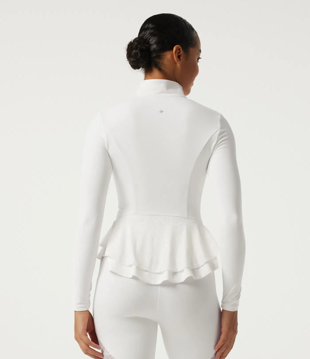 SoftlyZero High Neck Contrast Lace Ruffle Hem Yoga Jacket with Pockets