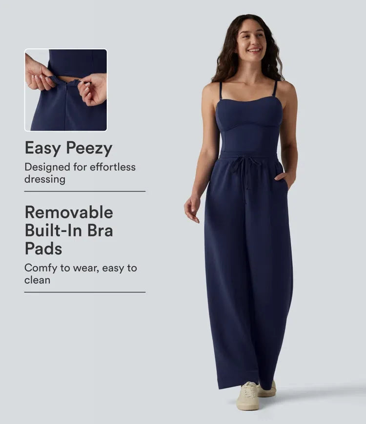 SpacerTek Removable Straps Drawstring Built-in Bra Casual Jumpsuit with Pockets-Easy Peezy