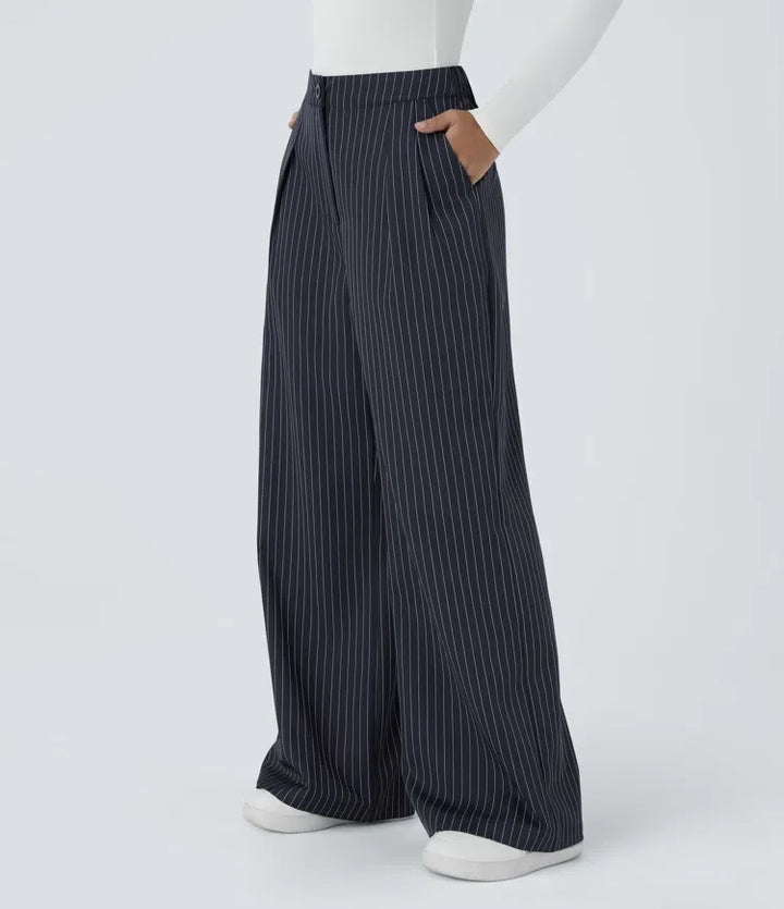 High Waisted Zipper Pocket Wide Leg Baggy Striped Work Trousers