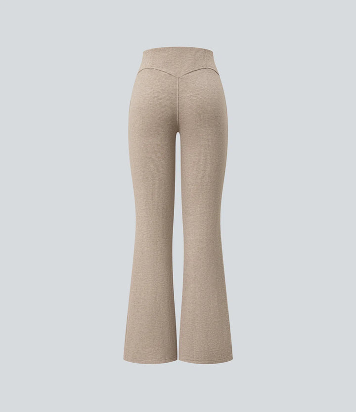 Ribbed High Waisted Tummy Control Casual Flare Trousers