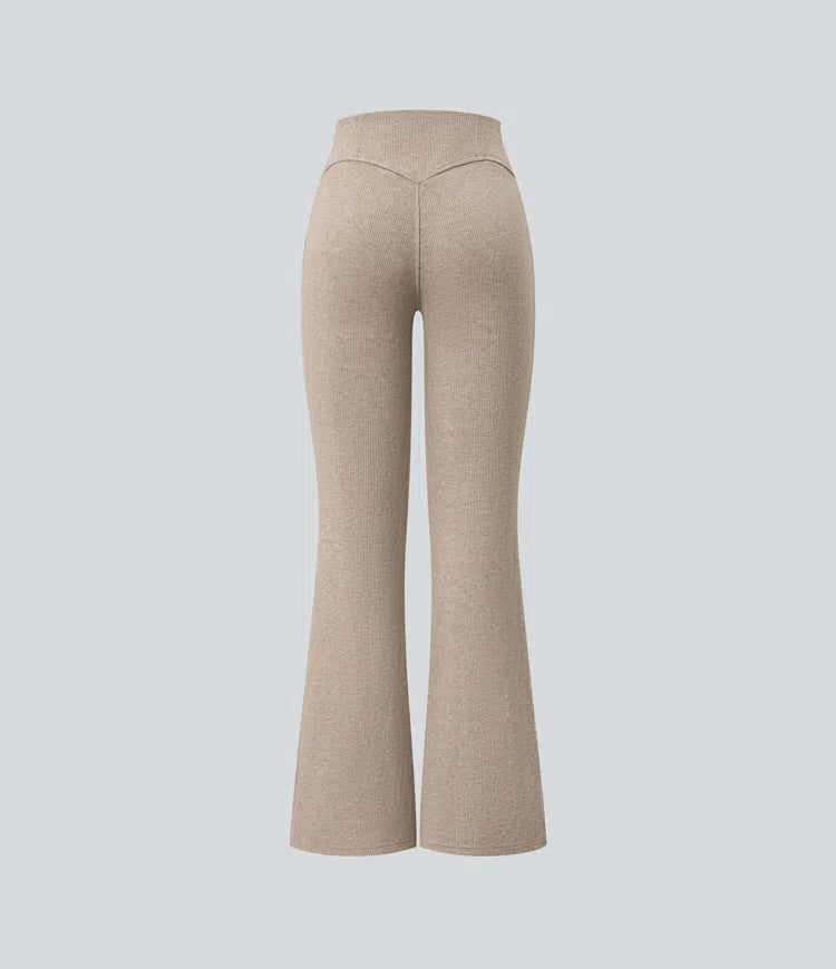 Ribbed High Waisted Tummy Control Casual Flare Trousers