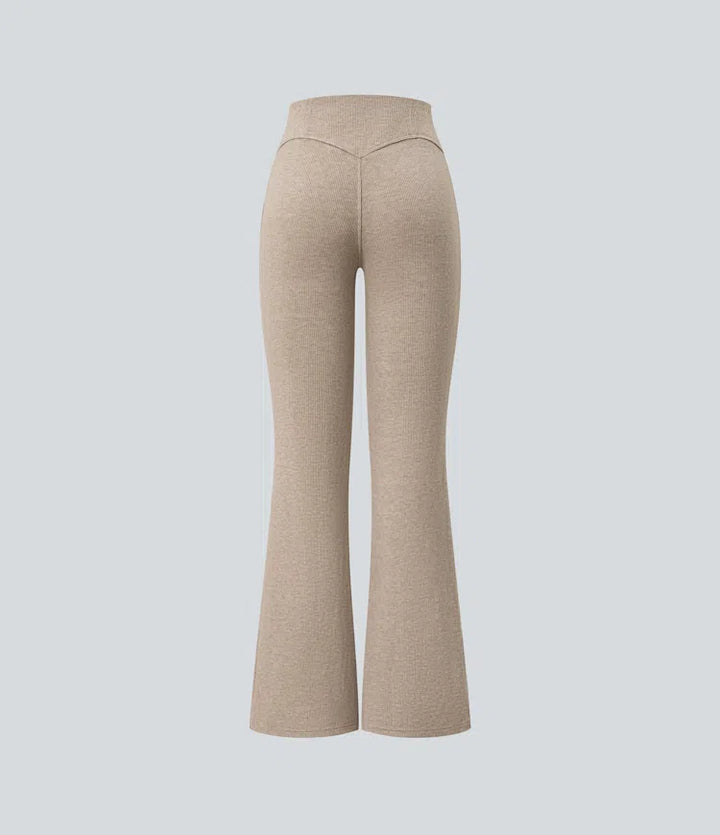 Ribbed High Waisted Tummy Control Casual Flare Trousers