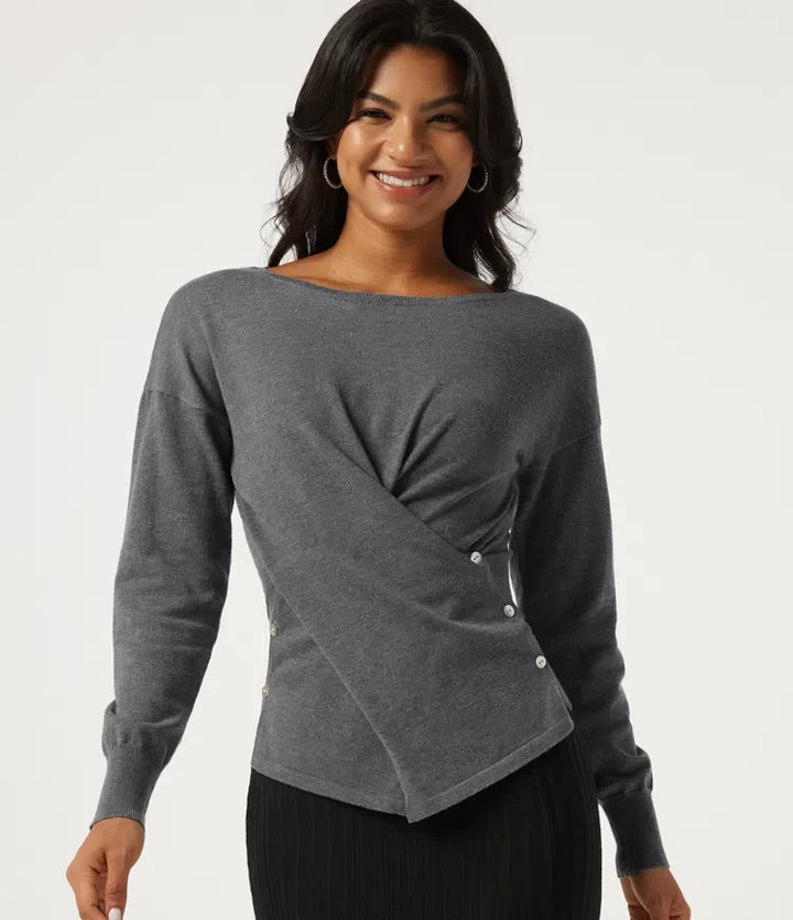 Boat Neck Long Sleeve Asymmetric Casual Jumper