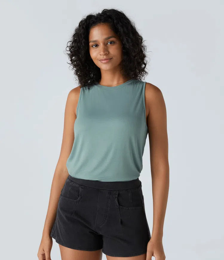 Ribbed Round Neck Basic Casual Tank Vest Top