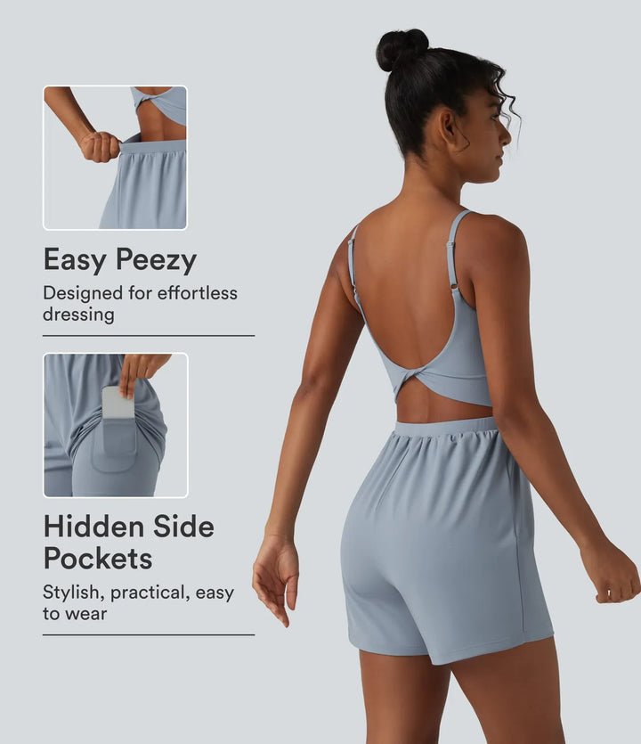 SoftlyZero Airy Twisted Backless Adjustable Straps 2-in-1 Built-in Bra InstantCool Yoga Romper with Pocket-Easy Peezy