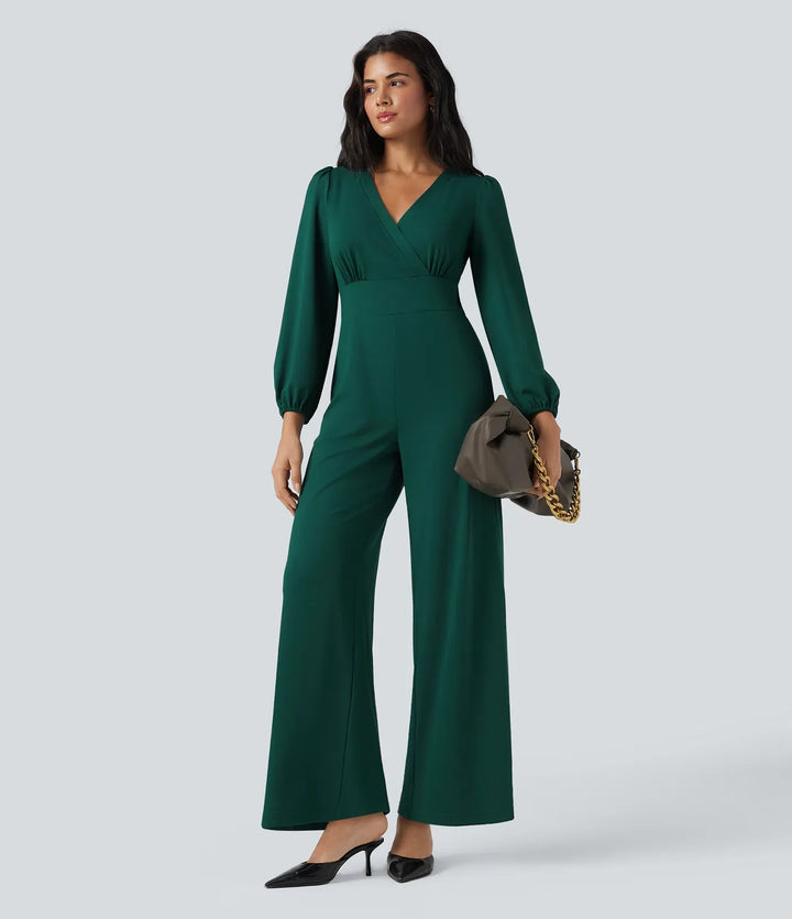 V Neck Long Sleeve Wide Leg Work Jumpsuit with Pockets-Easy Peezy Edition