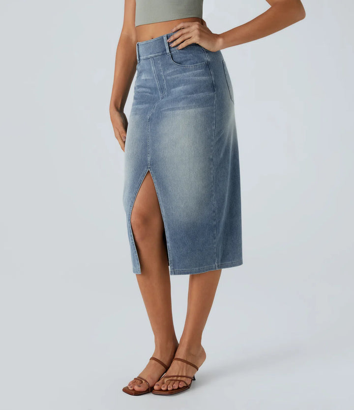 Halara Flex High Waisted Pockets Bodycon Washed Denim Casual Midi Skirt