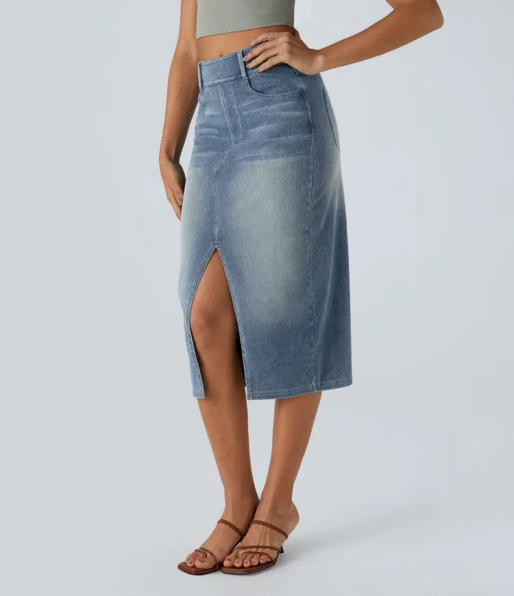 Halara Flex High Waisted Pockets Bodycon Washed Denim Casual Midi Skirt