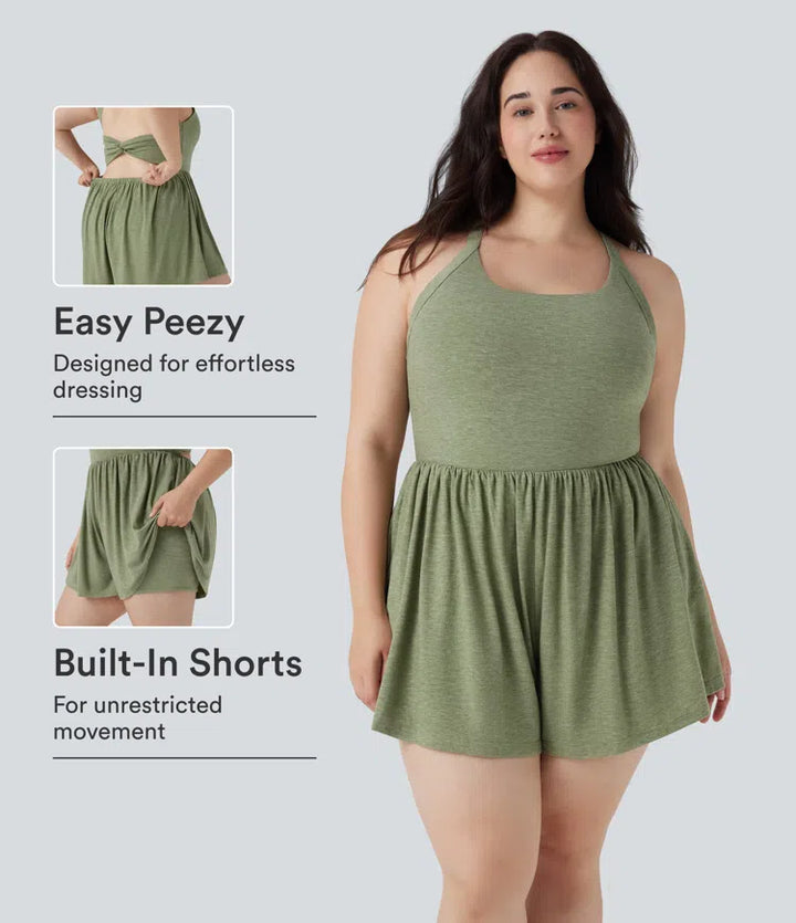 Backless Twisted 2-in-1 Resort Plus Size Playsuit with Pockets-Easy Peezy Edition