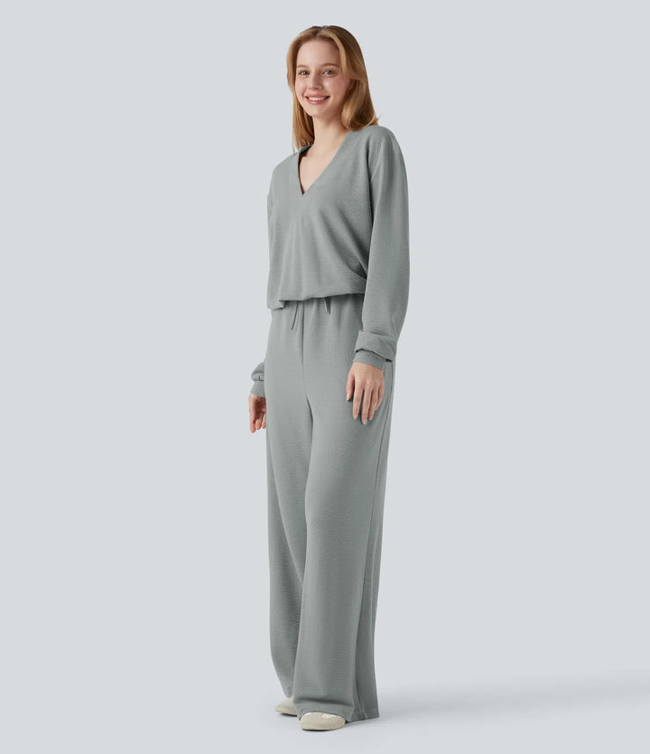 V-neck Long Sleeve Drawstring Casual Jumpsuit with Pockets-Easy Peezy
