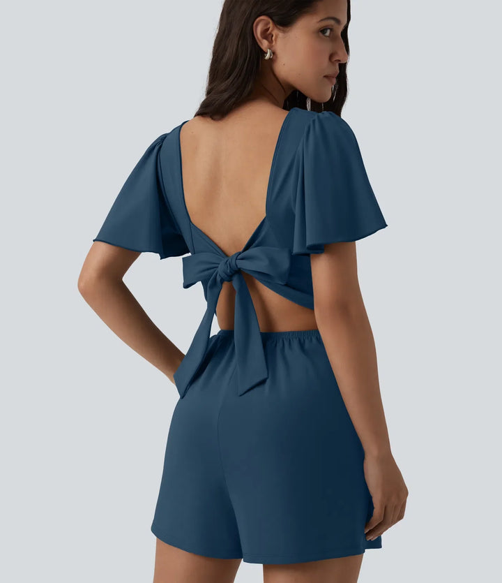 SoftlyZero Airy Flounce Short Sleeve Tie Back InstantCool Casual Romper with Pockets-Easy Peezy Edition