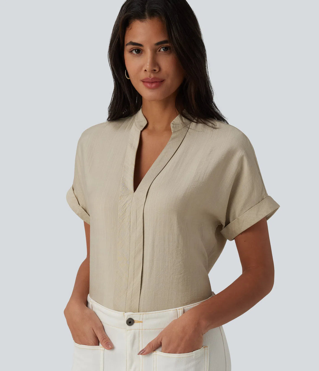 V Neck Short Sleeve Linen-Feel Work Shirt