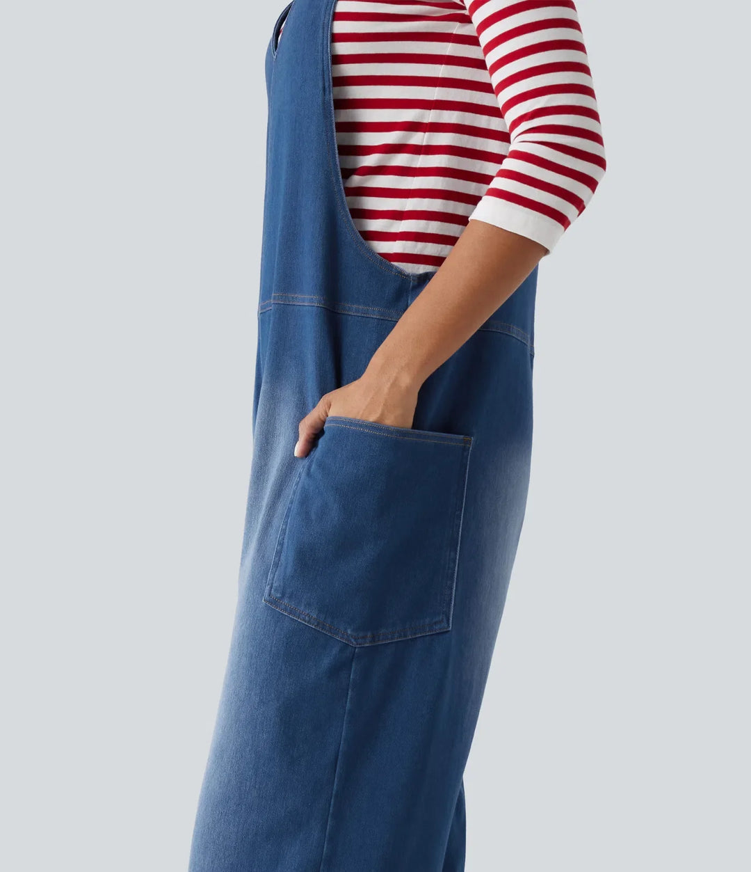 Halara Flex V Neck Wide Leg Denim Casual Overalls with Pockets