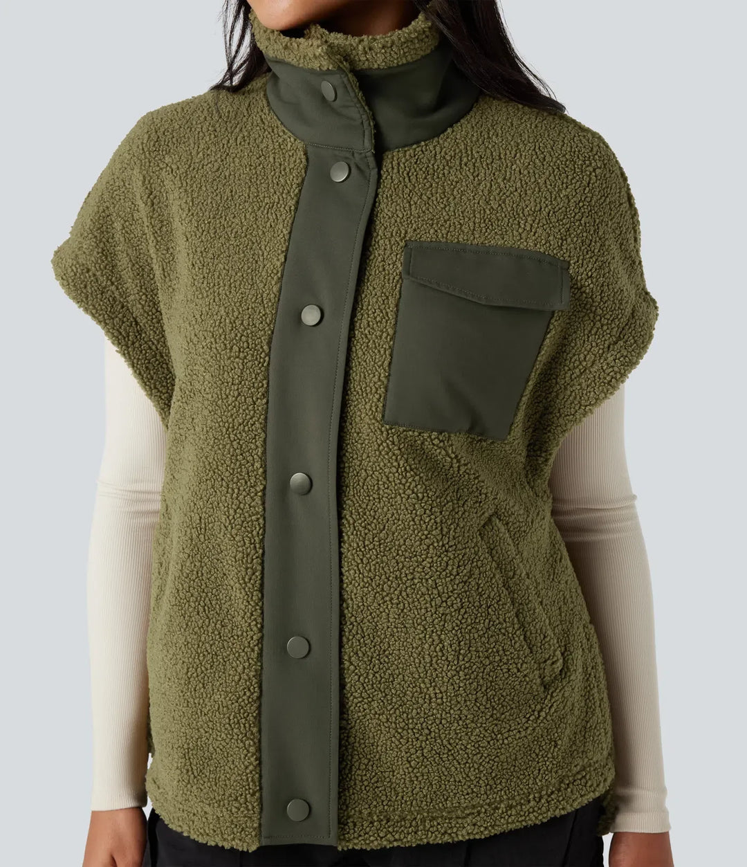 Stand Collar Cap Sleeve Color Block Hiking Sherpa Vest with Pockets