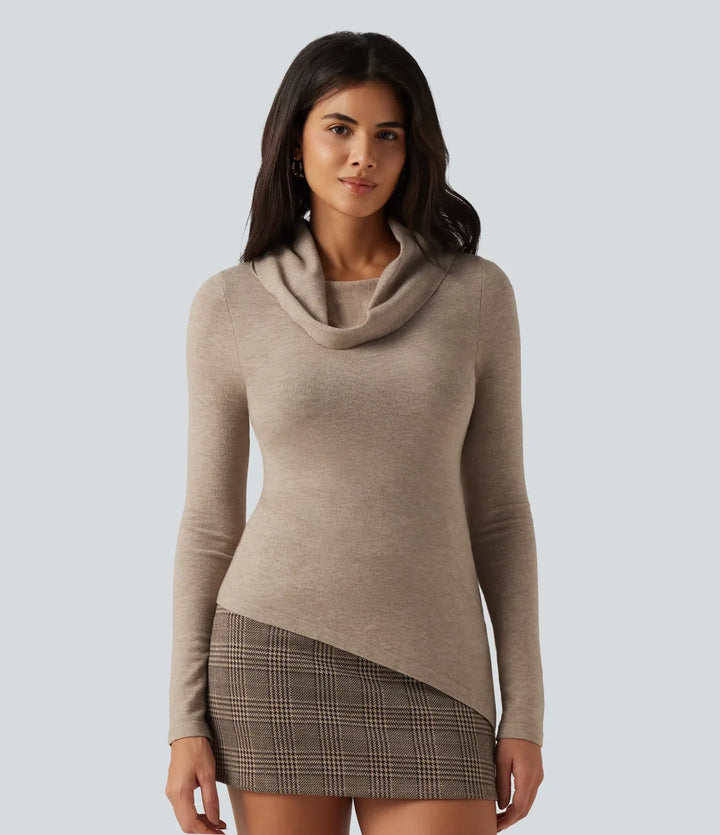 Cowl Neck Long Sleeve Uneven Hem Casual Jumper
