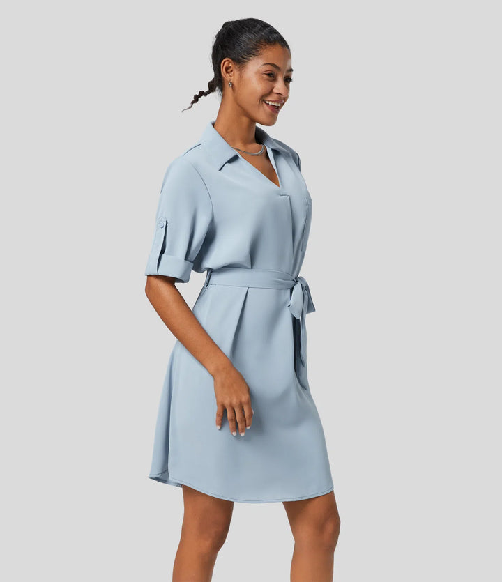 Collared Roll Up Sleeve Belted Relaxed Work Shirt Dress