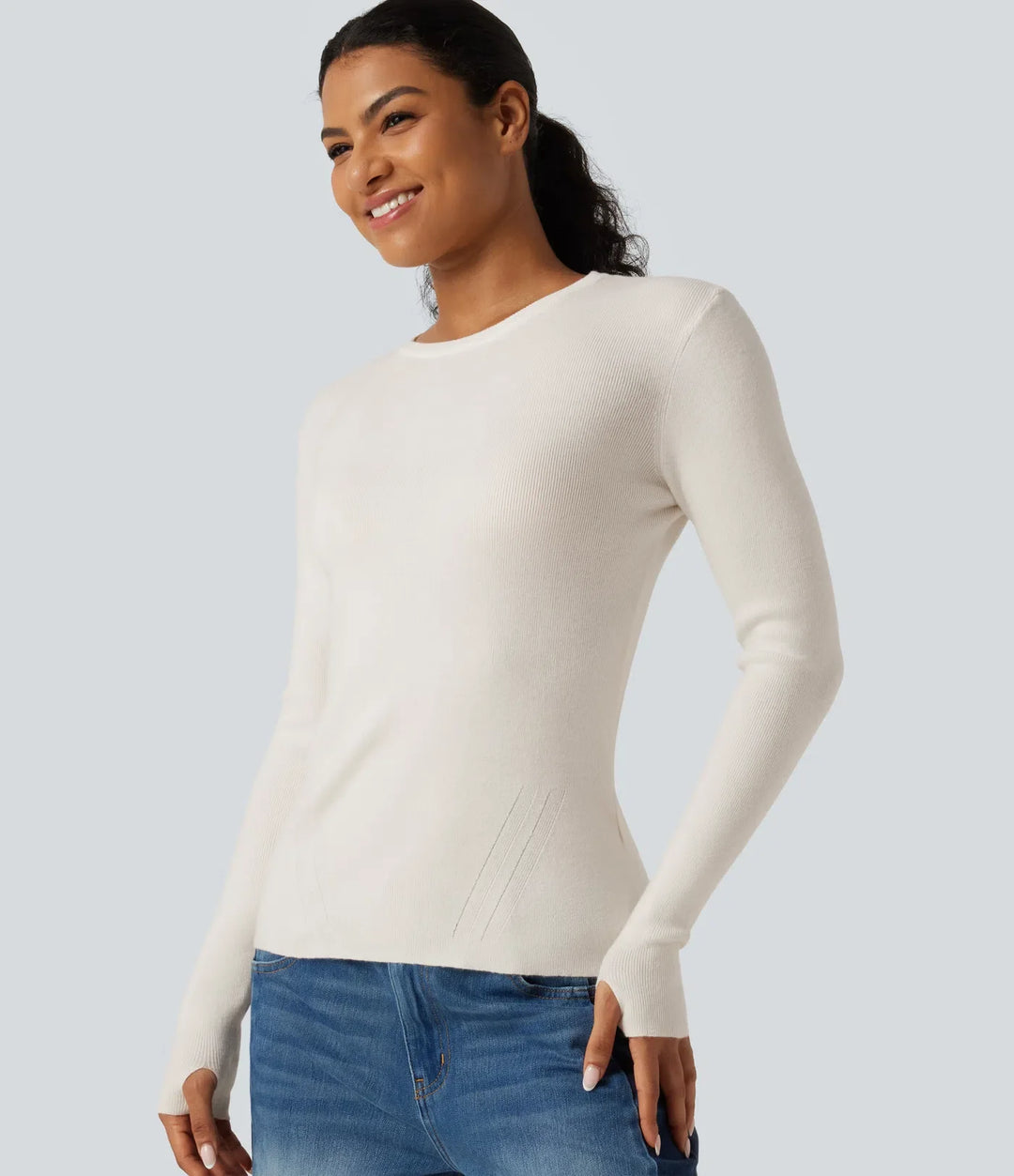 Round Neck Long Sleeve Thumb Hole Slim Work Jumper