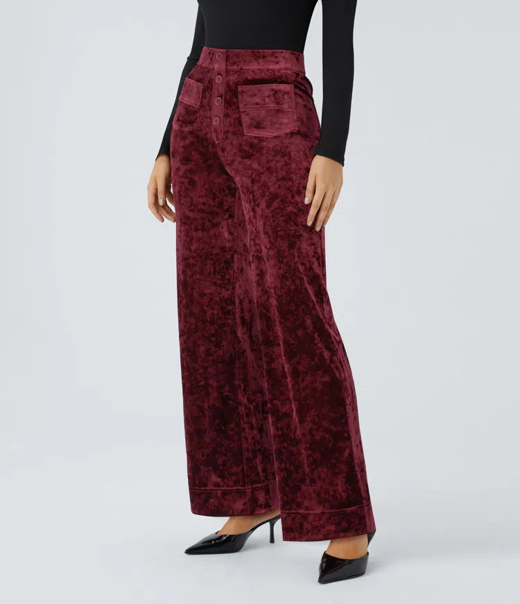 High Waisted Pockets Straight Leg Velvet Casual Trousers