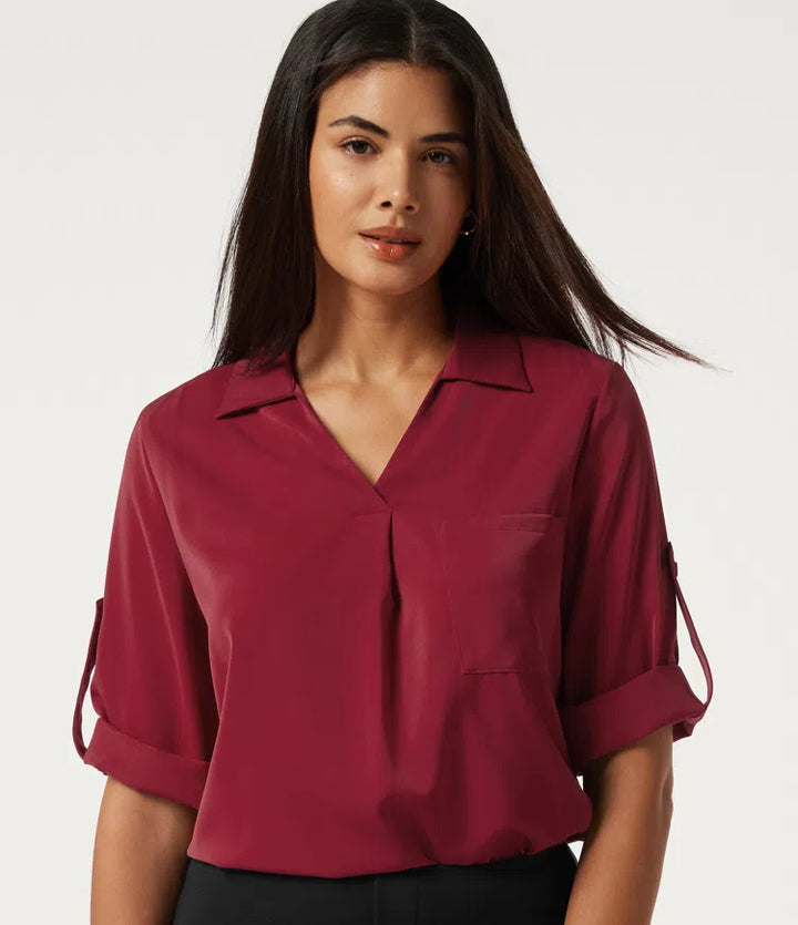Wrinkle Recovery V Neck Long Sleeve Work Shirt with Pocket