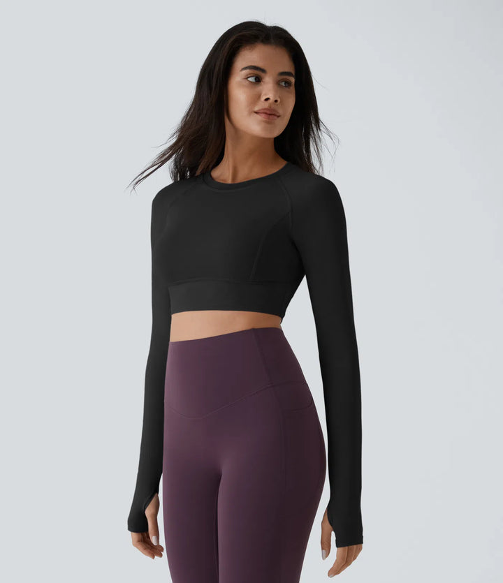 Solid Thumb Hole Cropped Yoga Sports Top