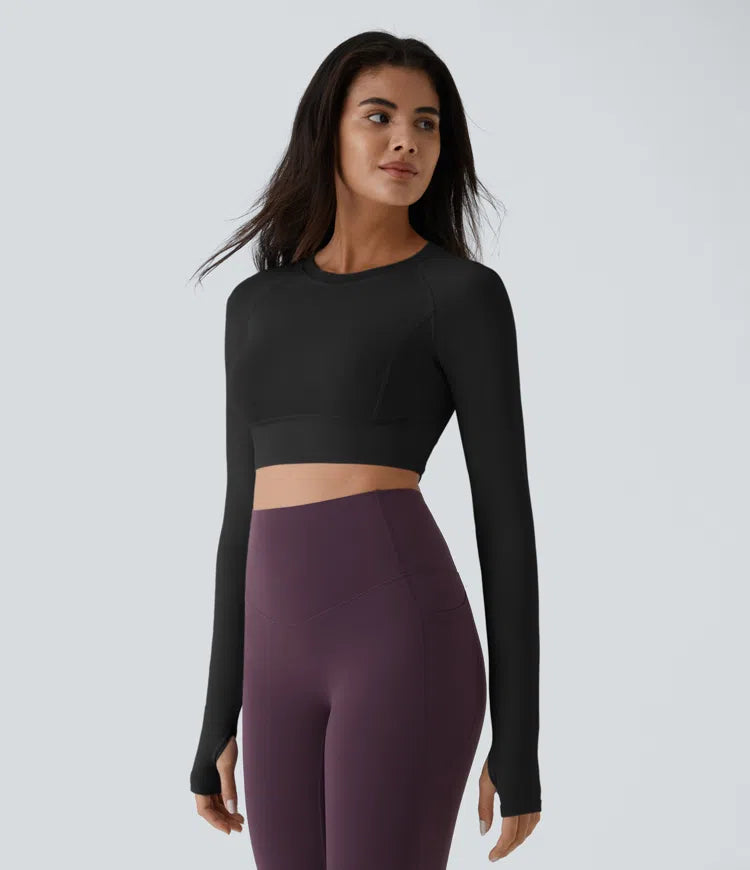 Solid Thumb Hole Cropped Yoga Sports Top