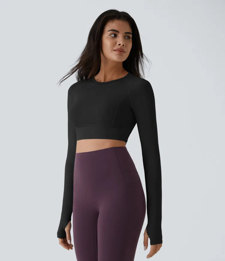 Solid Thumb Hole Cropped Yoga Sports Top
