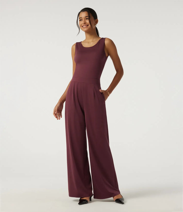 Round Neck Sleeveless Slim Wide Leg Asymmetric Party Jumpsuits with Pockets -Easy Peezy Edition