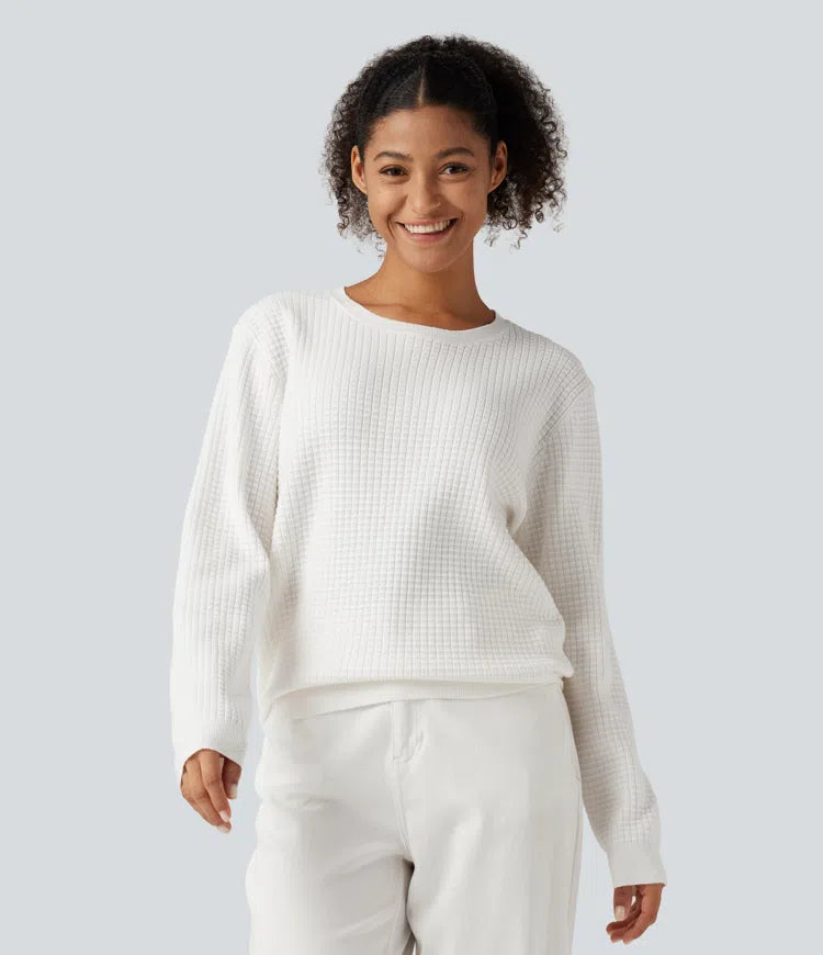 Round Neck Long Sleeve Waffle Casual Jumper