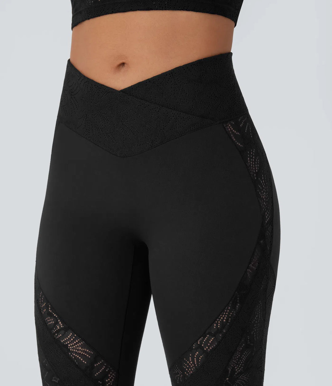 Softlyzero High Waisted Crossover Back Pocket Contrast Lace Flared Yoga Leggings