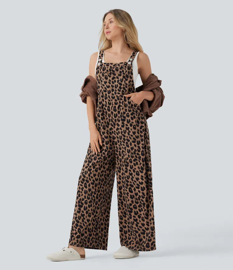 Leopard Print Waffle Casual Dungarees with Pockets
