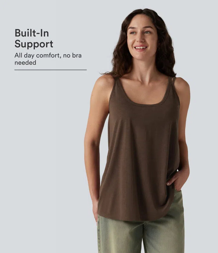 U-Neck Built-in Bra Loose Fit Casual Tank Top