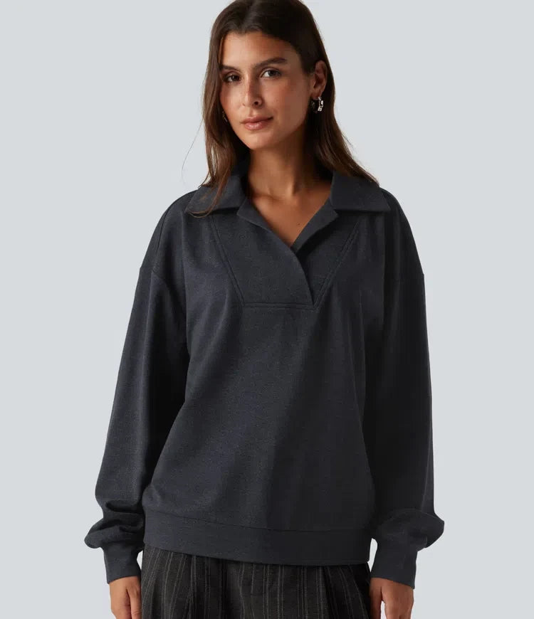 V Neck Dropped Shoulder Long Sleeve Casual Sweatshirt