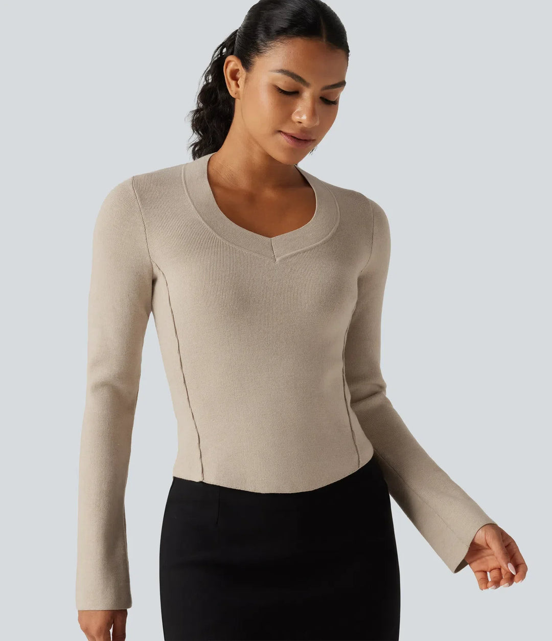 V Neck Long Sleeve Curved Hem Work Wool-Blend Jumper