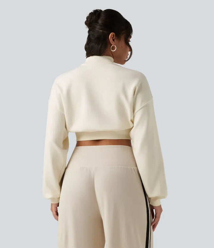 Mock Neck Dropped Long Sleeve Casual Cropped Sweatshirt
