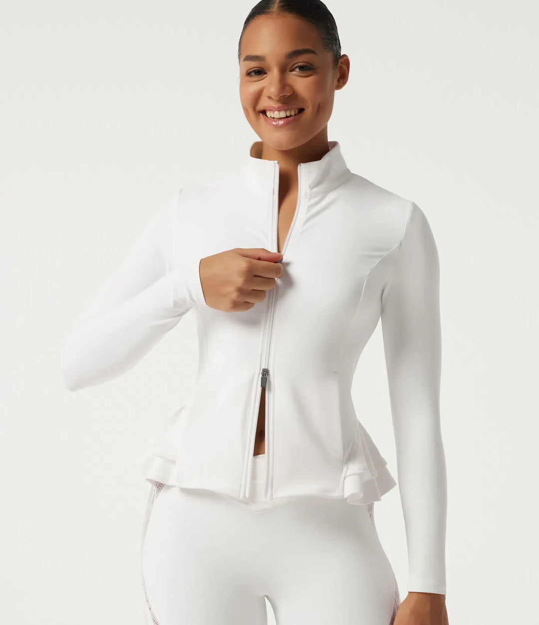 SoftlyZero High Neck Contrast Lace Ruffle Hem Yoga Jacket with Pockets