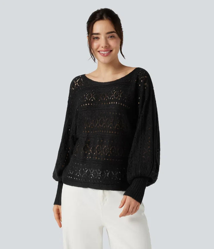 Round Neck Batwing Long Sleeve Hollow Out Casual Jumper