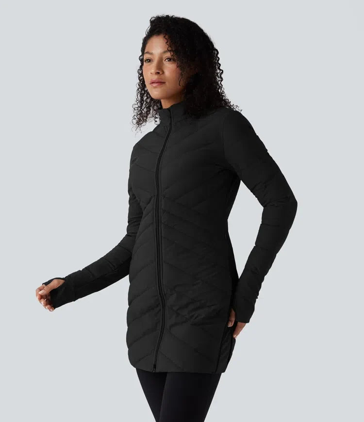 PuffFlex Stand Collar Long Sleeve Thumb Holes Zip Hem Stretchy Slim Casual Quilted Jacket with Pockets