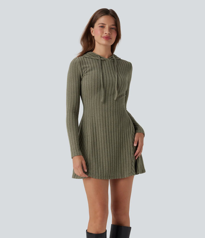 Ribbed Knit Hooded Drawstring Long Sleeve Mini Fleece Casual Dress