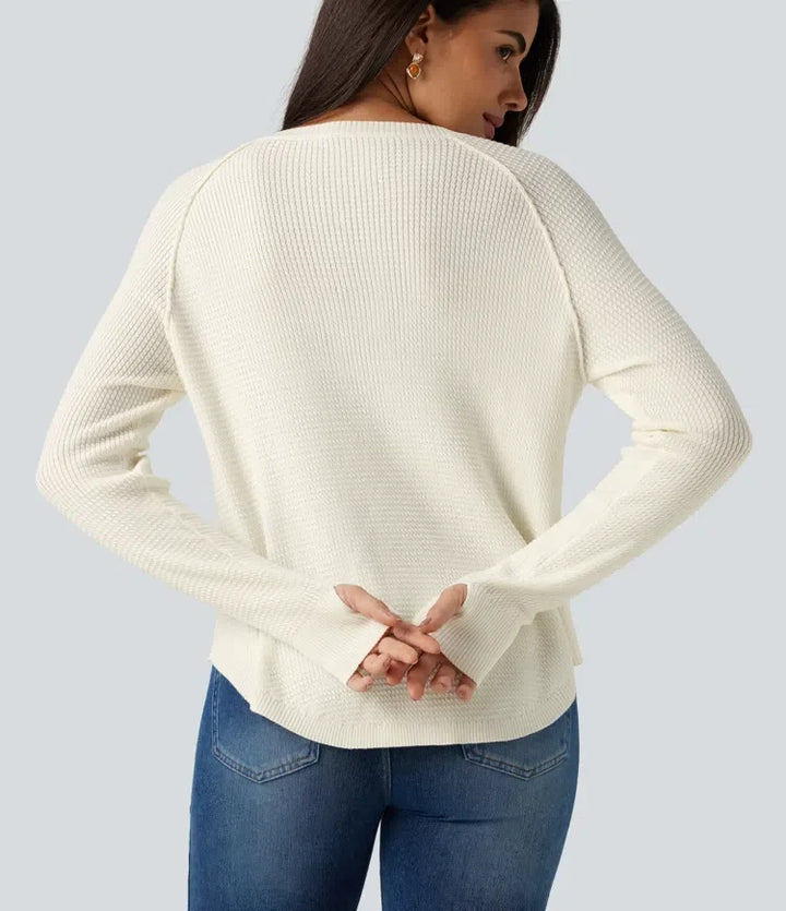 Henley Neck Long Sleeve Thumb Hole Curved Hem Casual Jumper