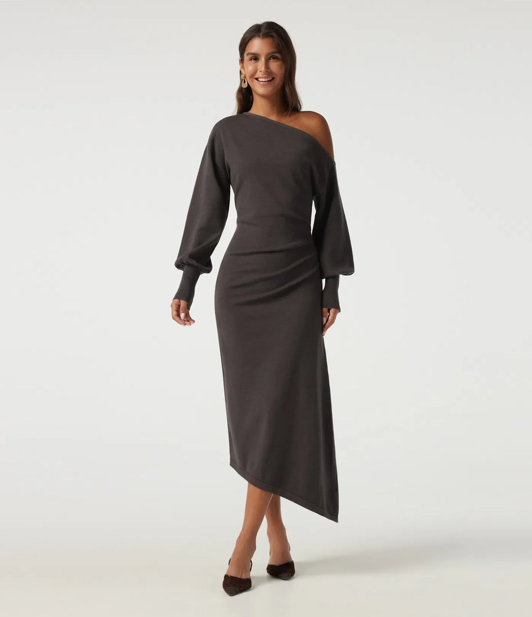 One Shoulder Puff Long Sleeve Asymmetric Work Midi Jumper Dress
