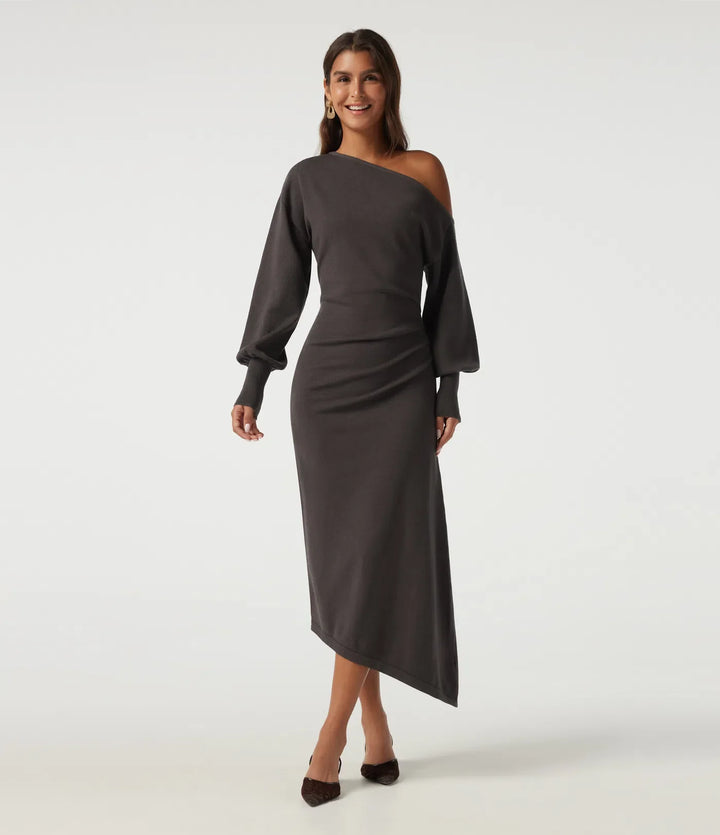 One Shoulder Puff Long Sleeve Asymmetric Work Midi Jumper Dress