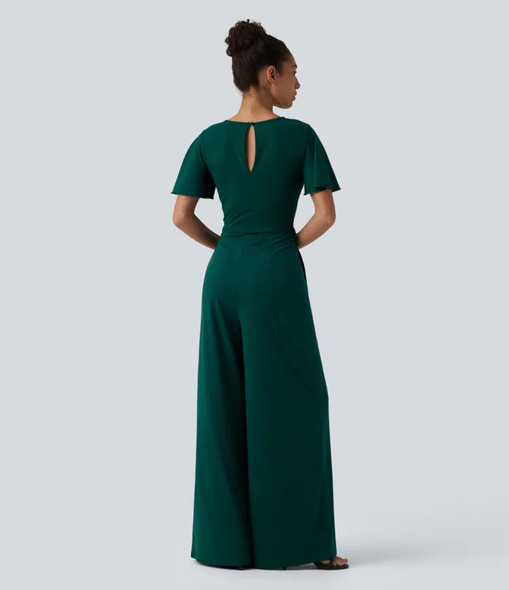 Round Neck Short Sleeve Tie Front Wide Leg Jumpsuit with Pockets-Easy Peezy Edition