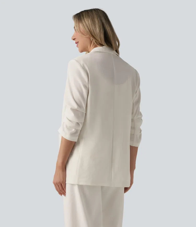 3/4 Sleeve Ruched Linen-Feel Work Blazer with Pockets