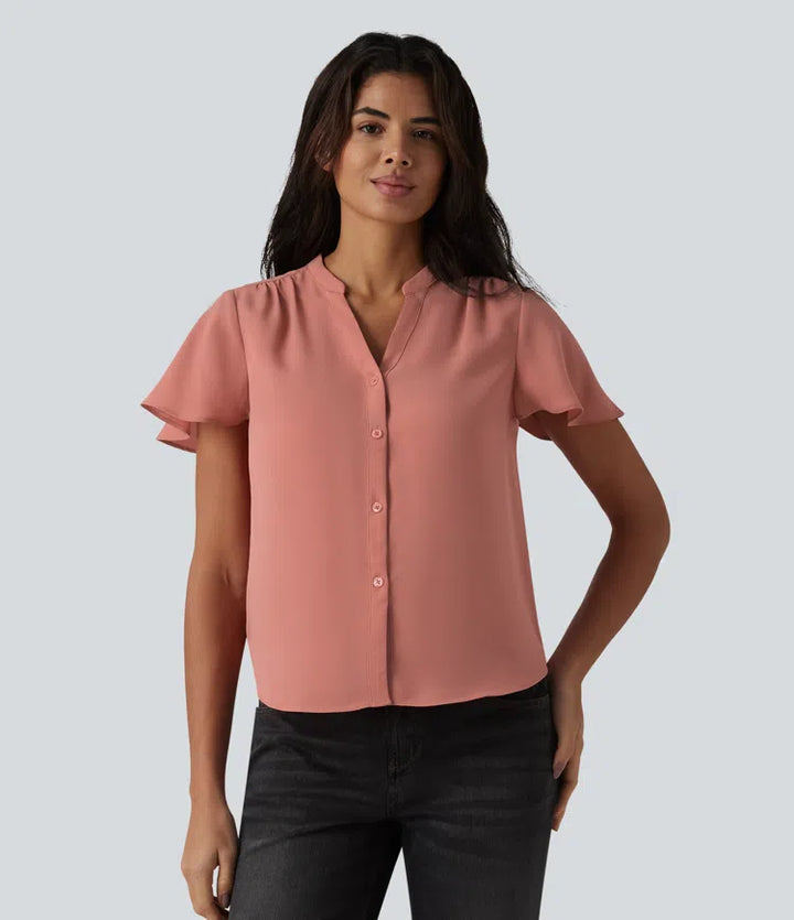 V-neck Flounce Sleeve Curved Hem Casual Blouse
