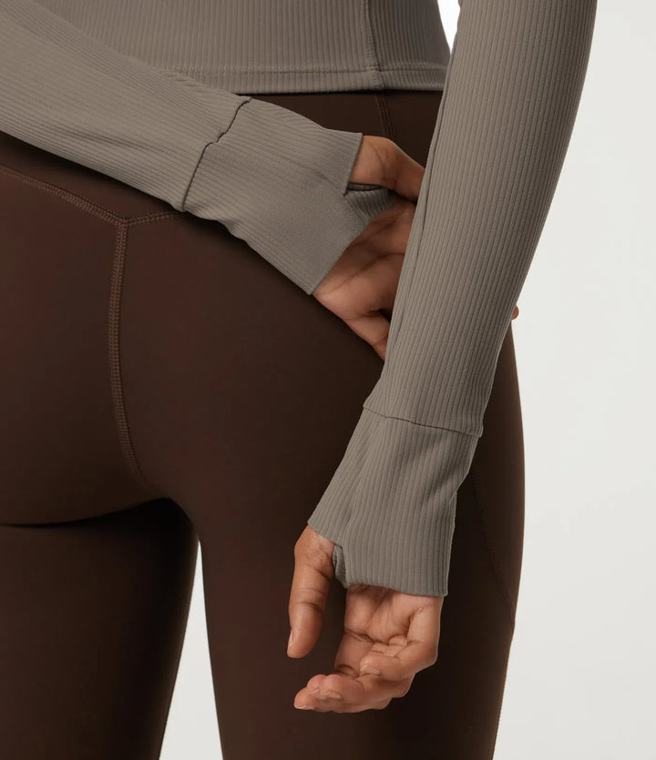 Ribbed Knit Round Neck Long Sleeve Yoga Track Jacket with Pockets and ThumbHoles