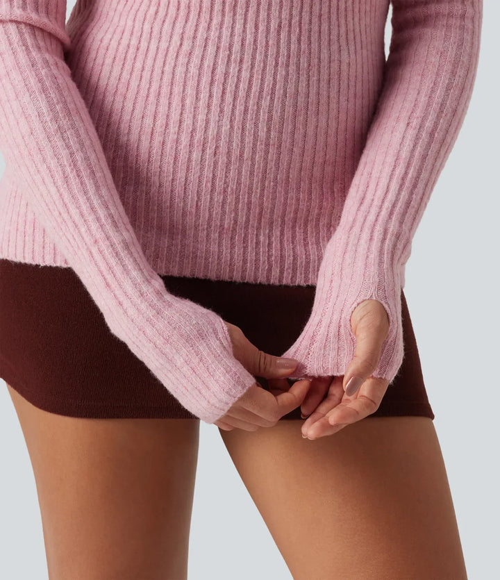 Off Shoulder Long Sleeve Thumb Hole Work Jumper