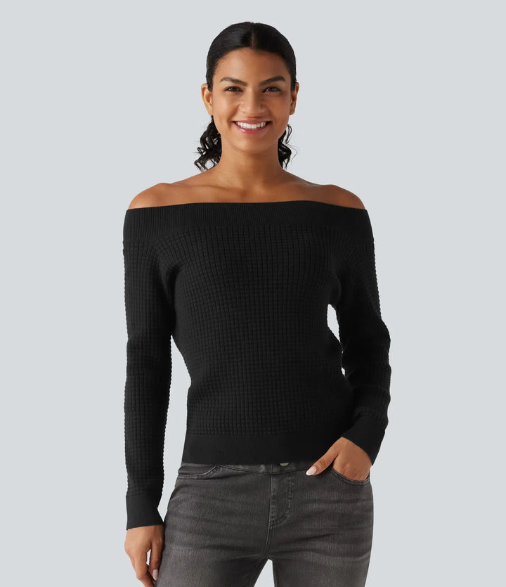 Off Shoulder Long Sleeve Casual Wool-Blend Jumper
