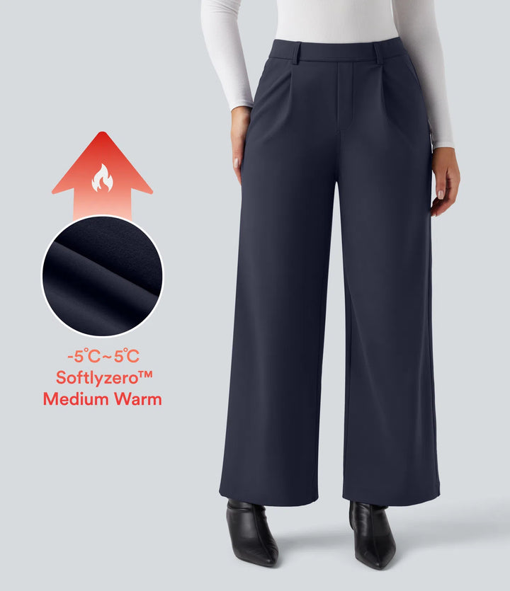 SoftlyZero Plush Thermal High Waisted Straight Leg Work Trousers with Pockets